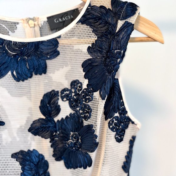 Gracia Floral Lace Mesh Peplum Top, Small, Navy & Cream - Picture 5 of 11
